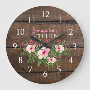 Reloj Redondo Grande Cocina Floral Rosa Y Madera Oscura Personalizada  