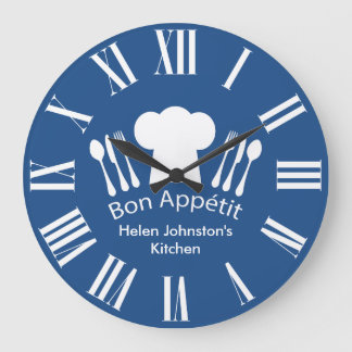 Reloj Redondo Grande Cocina Gourmet Bon Appetit azul y blanco
