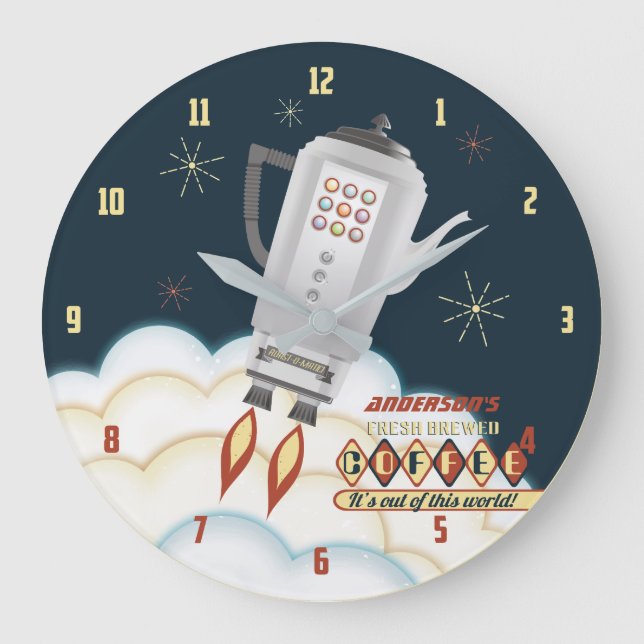 Reloj Redondo Grande Cocina personalizada con cohetes de café retro (Anverso)