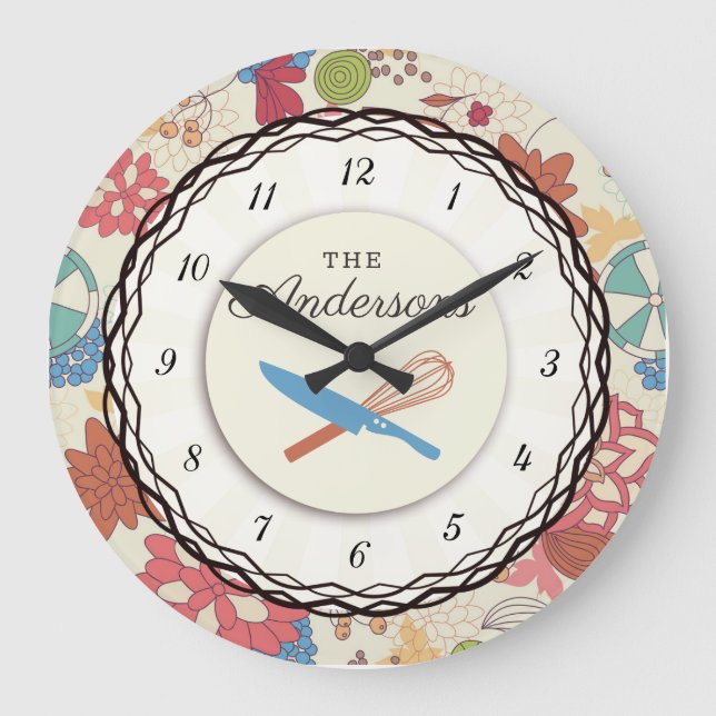 Reloj Redondo Grande Cocina personalizada con flores de perro (Anverso)