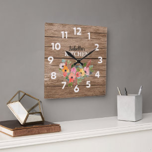 Reloj Redondo Grande Cocina personalizada de madera rústica y floral ro