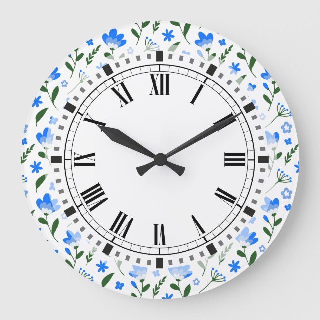 Reloj Redondo Grande Cocina retro con flores de verano azules y blancas (Anverso)