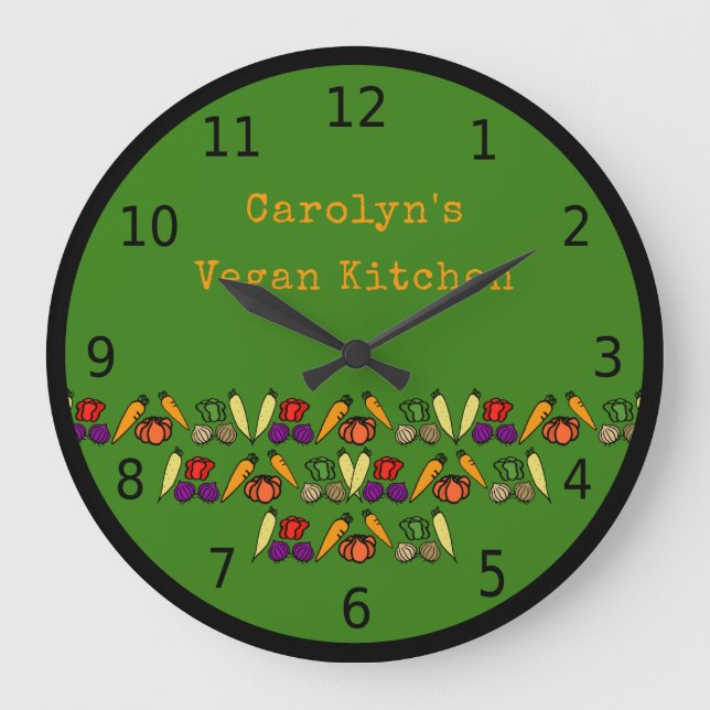 Reloj Redondo Grande Cocina vegana, verduras, tu nombre (Anverso)