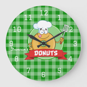 Reloj Redondo Grande Cocinero de cocina de rosquilla Gingham verde