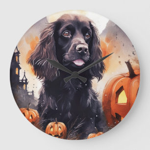 Reloj Redondo Grande Cocker Spaniel de Halloween con calabazas