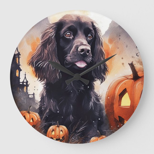 Reloj Redondo Grande Cocker Spaniel de Halloween con calabazas (Anverso)