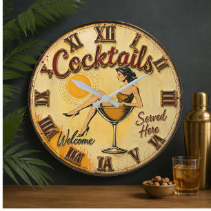 Reloj Redondo Grande Cocktails Served Here Vintage Pin-Up Martini Bar D
