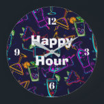 Reloj Redondo Grande Cócteles de neón Happy Hour<br><div class="desc">Este reloj de pared temático Happy Hour de cócteles de neón es un gran regalo. Diversión para tu bar,  cueva masculina o habitación de bonificación.</div>