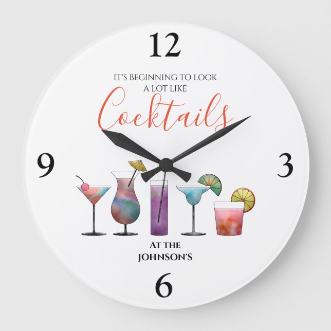 Reloj Redondo Grande Cócteles de nombres personalizados (Anverso)