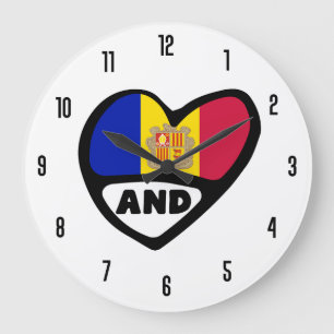 Reloj Redondo Grande Código del País de Andorra y Corazón de Bandera