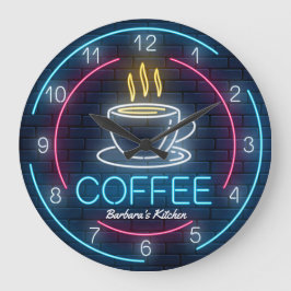 Reloj Redondo Grande Coffee Time Faux Neon Personalizable Wall Clock