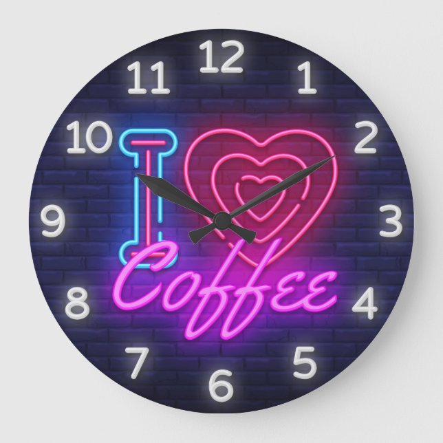Reloj Redondo Grande Coffee Time Faux Neon Wall Clock (Anverso)