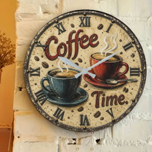 Reloj Redondo Grande Coffee Time Rustic Vintage Farmhouse Coffee Bar
