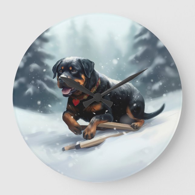 Reloj Redondo Grande Cojín decorativo de invierno de rottweiler Navidad (Anverso)