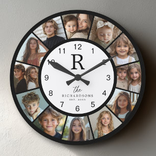 Reloj Redondo Grande Colage de 12 Fotos con Monograma Personalizado de 