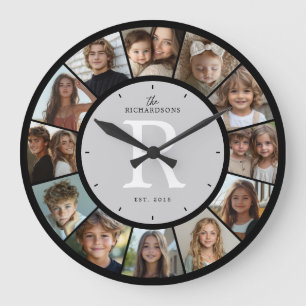 Reloj Redondo Grande Colage de 12 Fotos con Monograma Personalizado de 