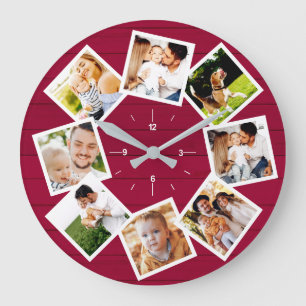 Reloj Redondo Grande Colage de Fotos Familiares Granja Rústica Rojo