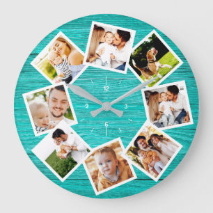 Reloj Redondo Grande Colage de fotos familiares rústico chic granja azu