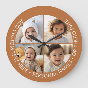 Reloj Redondo Grande Colaje de 4 fotos con texto personalizado alrededo