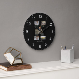 Reloj Redondo Grande Colaje de fotos con letra K en blanco y negro