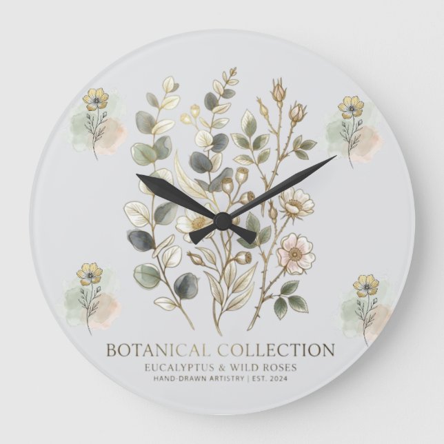 Reloj Redondo Grande Colección Botánica Etérea de Oro y Salvia (Anverso)