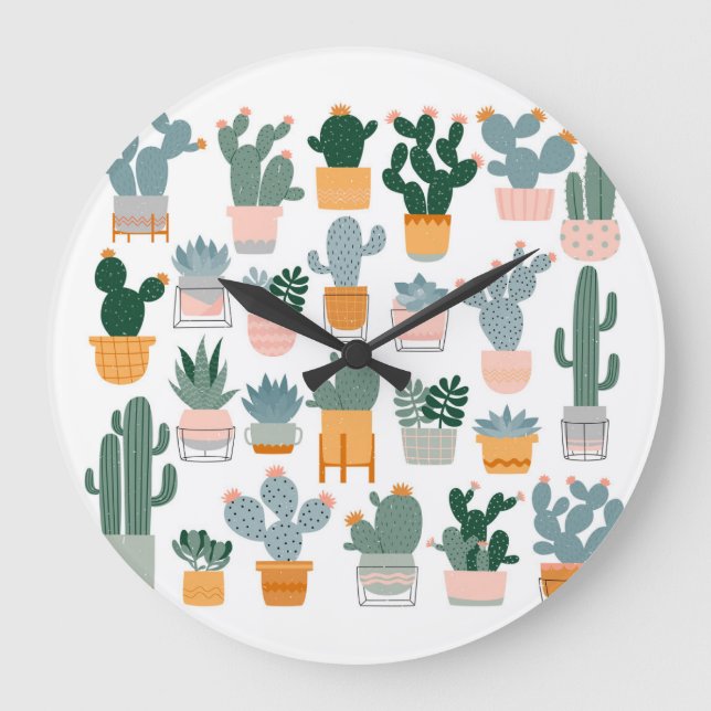 Reloj Redondo Grande Colección Cactus en diseño de ollas (Anverso)