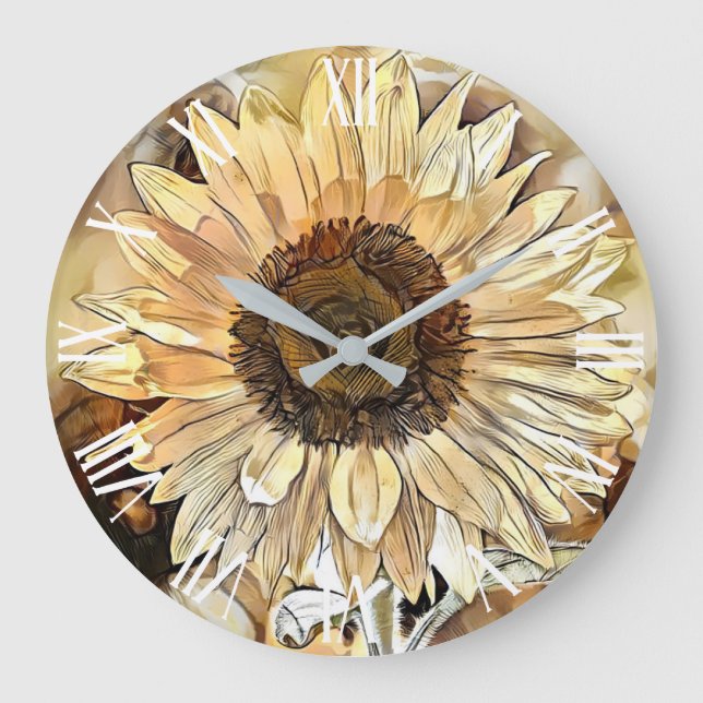 Reloj Redondo Grande Colección de elegancia de girasoles acuarela (Anverso)