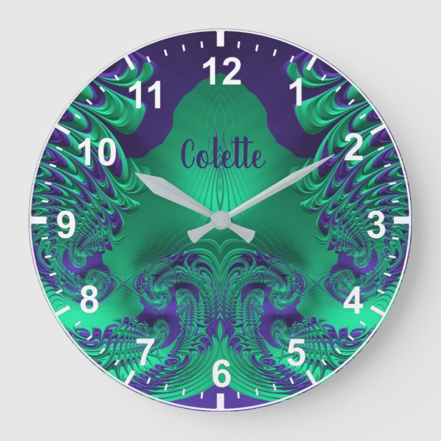 Reloj Redondo Grande ¡COLETTE ~ WOW! Patrón fractal verde y púrpura ~ (Anverso)
