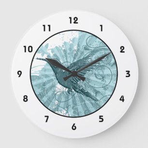 Reloj Redondo Grande Colibrí azul del Grunge