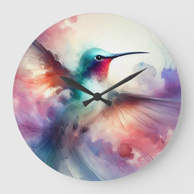 Reloj Redondo Grande Colibrí elegante en acuarela (Anverso)