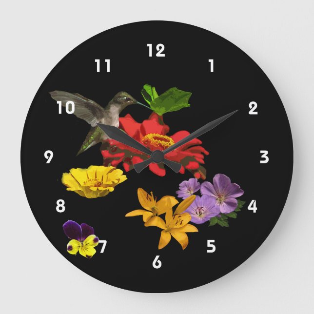 Reloj Redondo Grande Colibrí en flores (Anverso)
