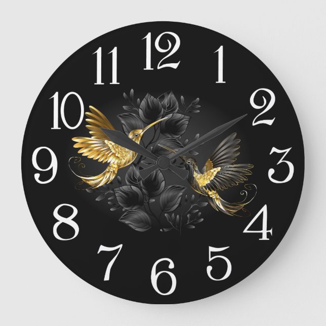 Reloj Redondo Grande Colibrí negro y dorado (Anverso)
