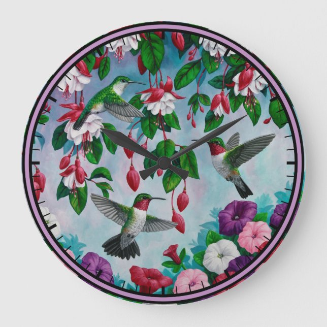 Reloj Redondo Grande Colibríes en el jardín de flores de Fuchsia (Anverso)