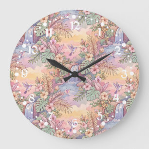Reloj Redondo Grande Colibríes Hibisco Cascada Alegre 