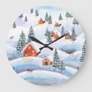 Reloj Redondo Grande Colinas nevadas, casas: paisaje acuático
