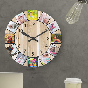 Reloj Redondo Grande Collage de 12 fotos personalizadas de madera de pi