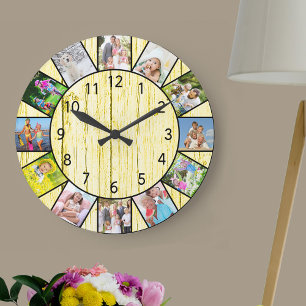 Reloj Redondo Grande Collage de 12 fotos personalizadas en madera redon