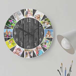 Reloj Redondo Grande Collage de 12 fotos personalizadas gris madera red