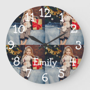 Reloj Redondo Grande Collage de 4 fotos con nombre personalizado