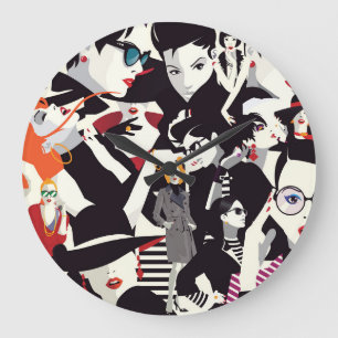 Reloj Redondo Grande Collage de chicas de moda: arte pop