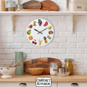 Reloj Redondo Grande Collage de crochet de frutas con cuadrilátero de a