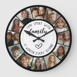 Reloj Redondo Grande Collage de fotos con cita 'Tiempo con la familia'