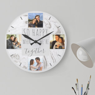 Reloj Redondo Grande Collage de fotos Felices Juntos Cita Mármol Modern