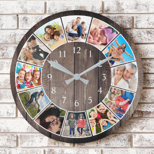 Reloj Redondo Grande Collage de fotos personalizado Familia Rustic Farm