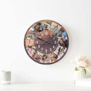 Reloj Redondo Grande Collage de fotos Rustic Wood 12