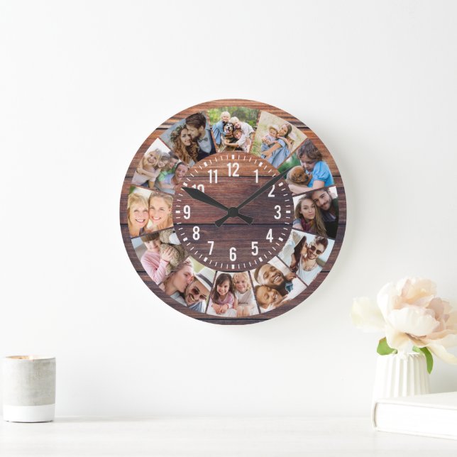 Reloj Redondo Grande Collage de fotos Rustic Wood 12 (Hogar)