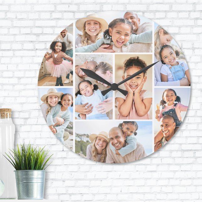 Reloj Redondo Grande Collage de fotos Sencillo Elegante Imagen (Photo Collage Simple Elegant Picture Large Clock)