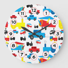 Reloj Redondo Grande Collage de planos, trenes y coches de colores