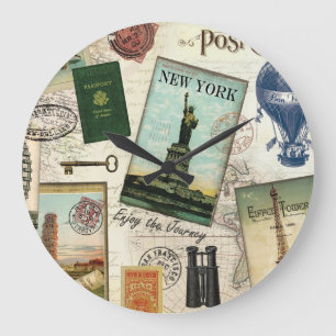 Reloj Redondo Grande collage de viaje vintage moderno