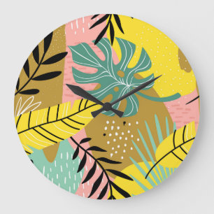 Reloj Redondo Grande Collage exótico: Patrón de plantas tropicales
